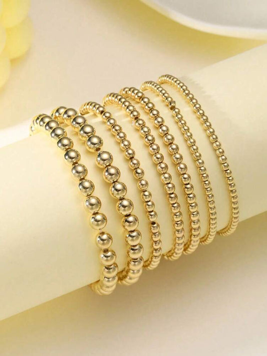 7pcs Gold Bracelets For Women Gold Bracelet Stack Pearl Beaded Bracelets For Women 14K Stretch Bead Ball Bracelet Sets Jewelry For Mother's Day Birthday Gifts