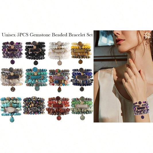 5PCS 6PCS Natural Boho Beaded Bracelets/Bangle For Women Men,Healing Turquoise Jasper Agate Crystal Gemstone Stone Chakra Multilayer Wrap Bohemian Handmade Jewelry Beads Stretch Bracelet Set