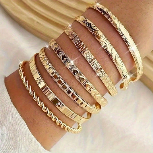 7pcs Gold & Silver Mix Bracelet Set - Women's Fashion Disco Style Stackable Bracelets, Chunky Metallic Jewelry, Perfect For Parties, Dates & Daily Layering