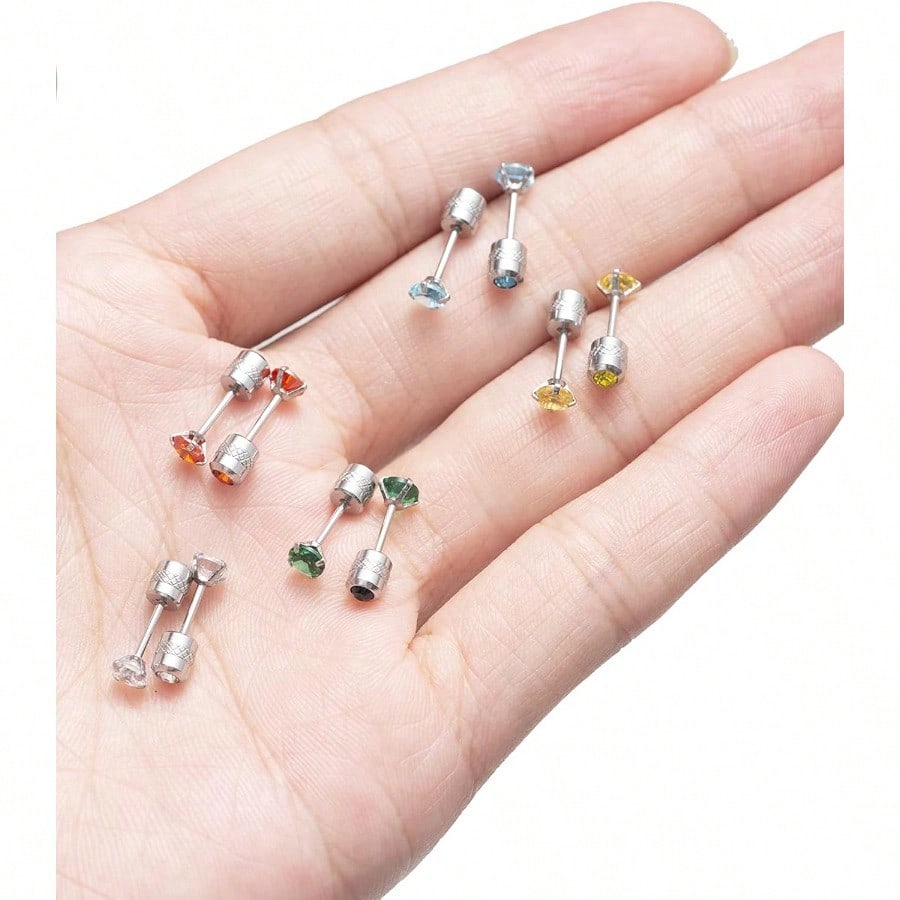 Fashion Earring714 Pairs Stainless Steel CZ Stud Earrings For Women Multicolor Cubic Zirconia Cartilage Helix Earrings Set Screwback 4MM