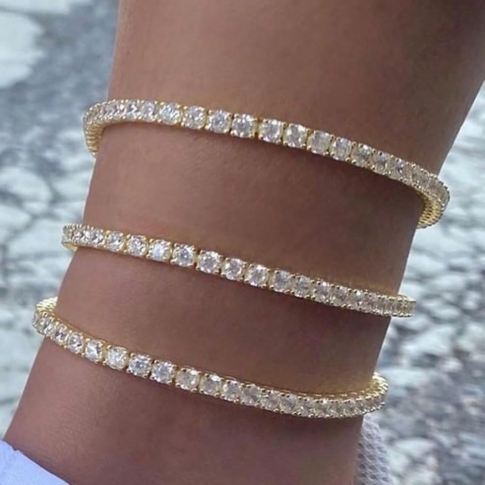 TOPGRILLZ Tennis Ankle Bracelet Gold Anklet Adjustable With Extension 14K Gold Plated Iced Out Diamond 3-6mm Fashion Stylish Foot Jewelry For Women-1825