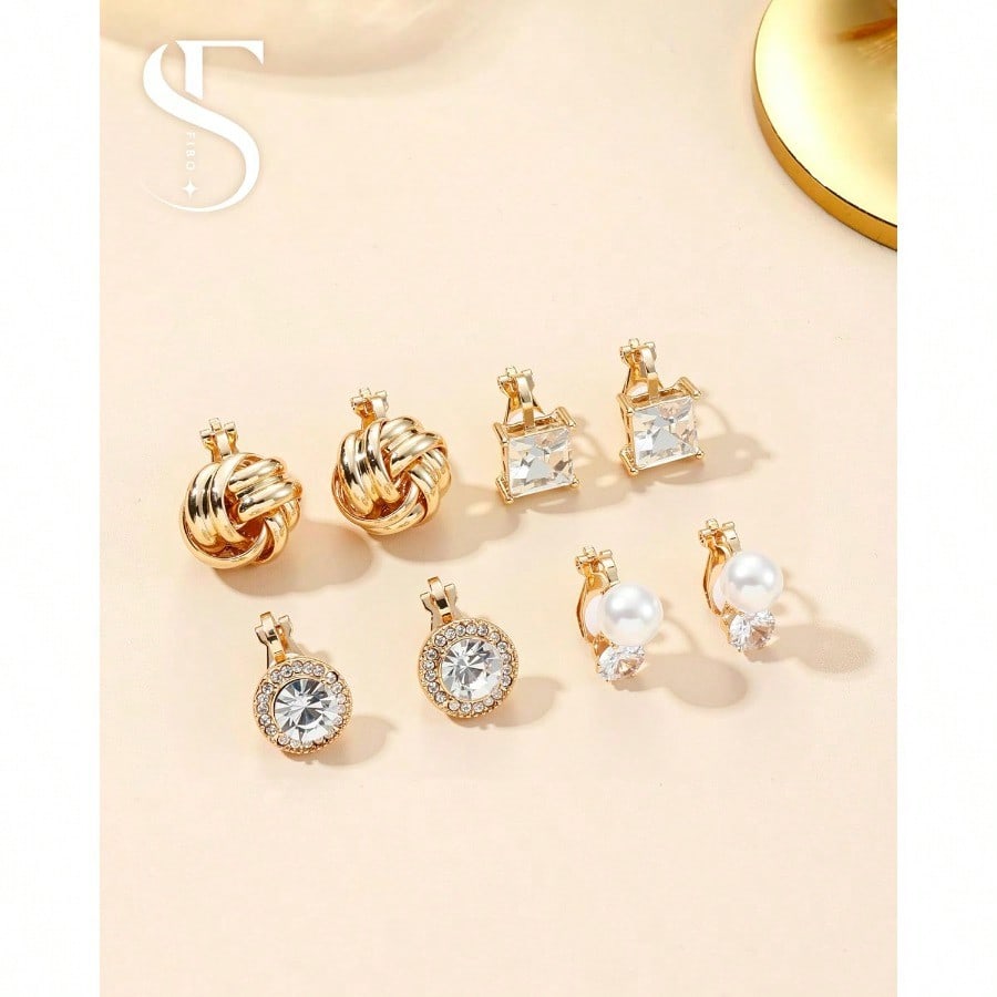 Fashion EarringFIBO STEEL 10 Pairs Clip On Earrings For Women Non Pierced Ears CZ Pearl Knot Twist Chunky Hoop And Studs Earring Set Ear Clips Jewelry Gold Silver Tone
