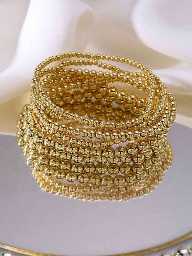 7pcs Gold Bracelets For Women Gold Bracelet Stack Pearl Beaded Bracelets For Women 14K Stretch Bead Ball Bracelet Sets Jewelry For Mother's Day Birthday Gifts