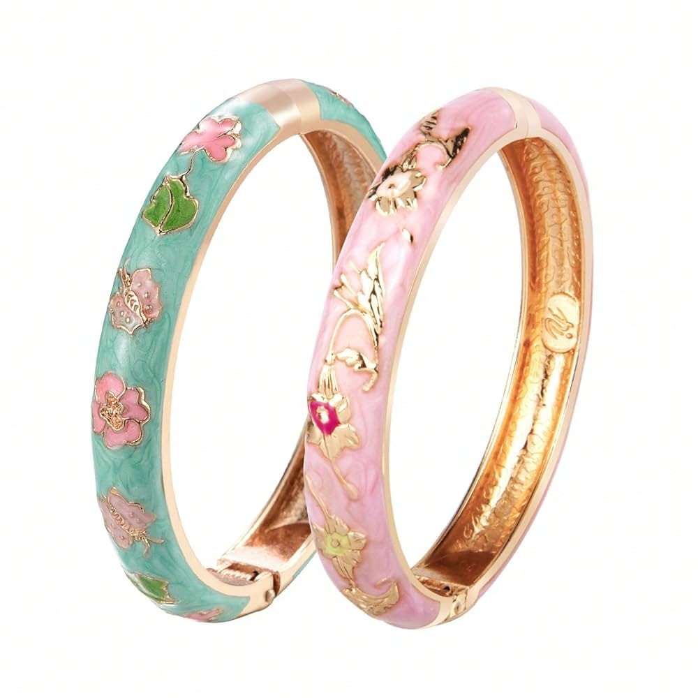 UJOY Cloisonne Bracelet Butterfly Gold Hinge  Cuff Bangle Enameled Jewelry Flower Bracelets For Women Gift Box 55A114-7504