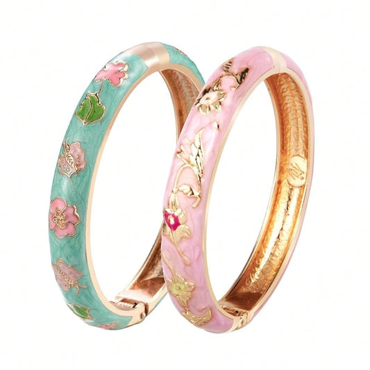 UJOY Cloisonne Bracelet Butterfly Gold Hinge  Cuff Bangle Enameled Jewelry Flower Bracelets For Women Gift Box 55A114-7504