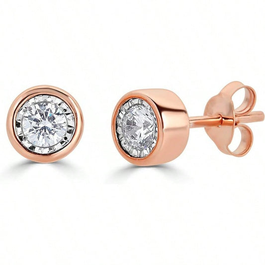 EWAJFBVWomen Round Stud Earrings Set In 925 Sterling Silver| Or Lab Grown| 14K Gold Bezel| White Yellow Or Rose| Lab Certified| Hypoallergenic