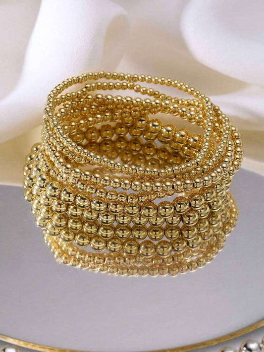 7pcs Gold Bracelets For Women Gold Bracelet Stack Pearl Beaded Bracelets For Women 14K  Stretch Bead Ball Bracelet Sets Jewelry For Mother's Day Birthday Gifts