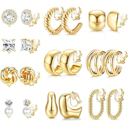 Fashion EarringFIBO STEEL 10 Pairs Clip On Earrings For Women Non Pierced Ears CZ Pearl Knot Twist Chunky Hoop And Studs Earring Set Ear Clips Jewelry Gold Silver Tone