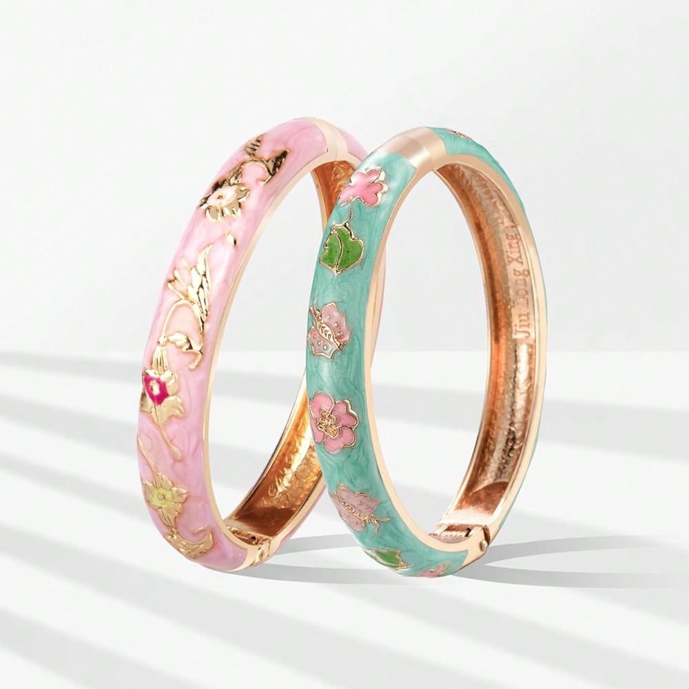 UJOY Cloisonne Bracelet Butterfly Gold Hinge  Cuff Bangle Enameled Jewelry Flower Bracelets For Women Gift Box 55A114-7504