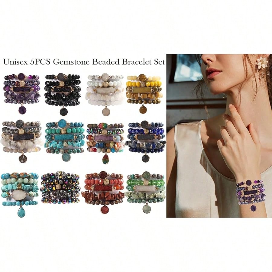5PCS 6PCS Natural Boho Beaded Bracelets/Bangle For Women Men,Healing Turquoise Jasper Agate Crystal Gemstone Stone Chakra Multilayer Wrap Bohemian Handmade Jewelry Beads Stretch Bracelet Set