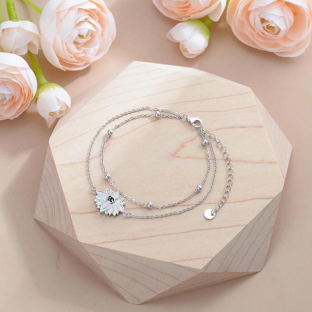Lotus Bracelet For Women 925 Sterling Silver Lotus Layered Bracelet Yoga Jewelry Gifts-4971