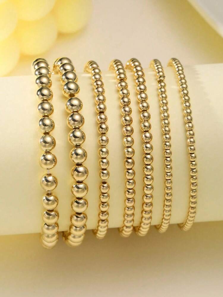 7pcs Gold Bracelets For Women Gold Bracelet Stack Pearl Beaded Bracelets For Women 14K  Stretch Bead Ball Bracelet Sets Jewelry For Mother's Day Birthday Gifts