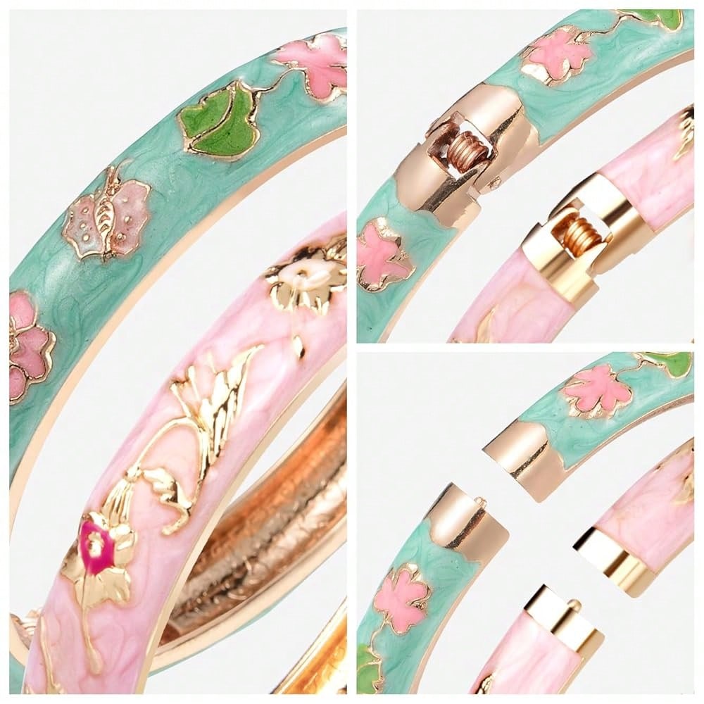 UJOY Cloisonne Bracelet Butterfly Gold Hinge  Cuff Bangle Enameled Jewelry Flower Bracelets For Women Gift Box 55A114-7504