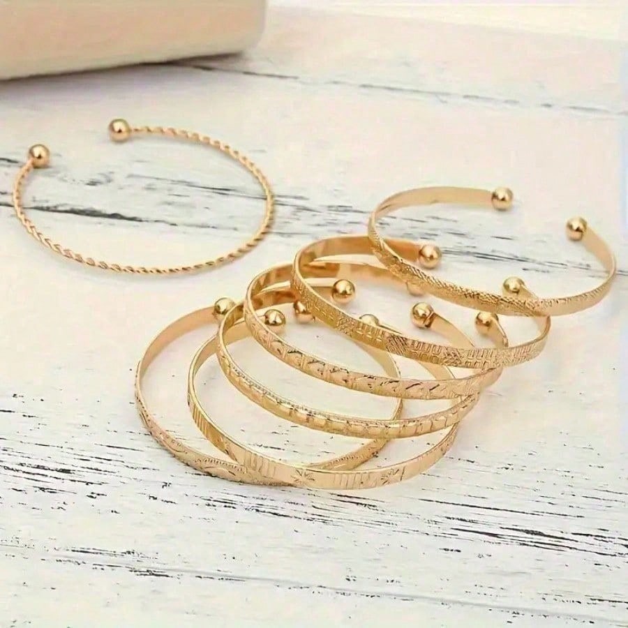 7pcs Gold & Silver Mix Bracelet Set - Women's Fashion Disco Style Stackable Bracelets,  Chunky Metallic Jewelry, Perfect For Parties, Dates & Daily Layering