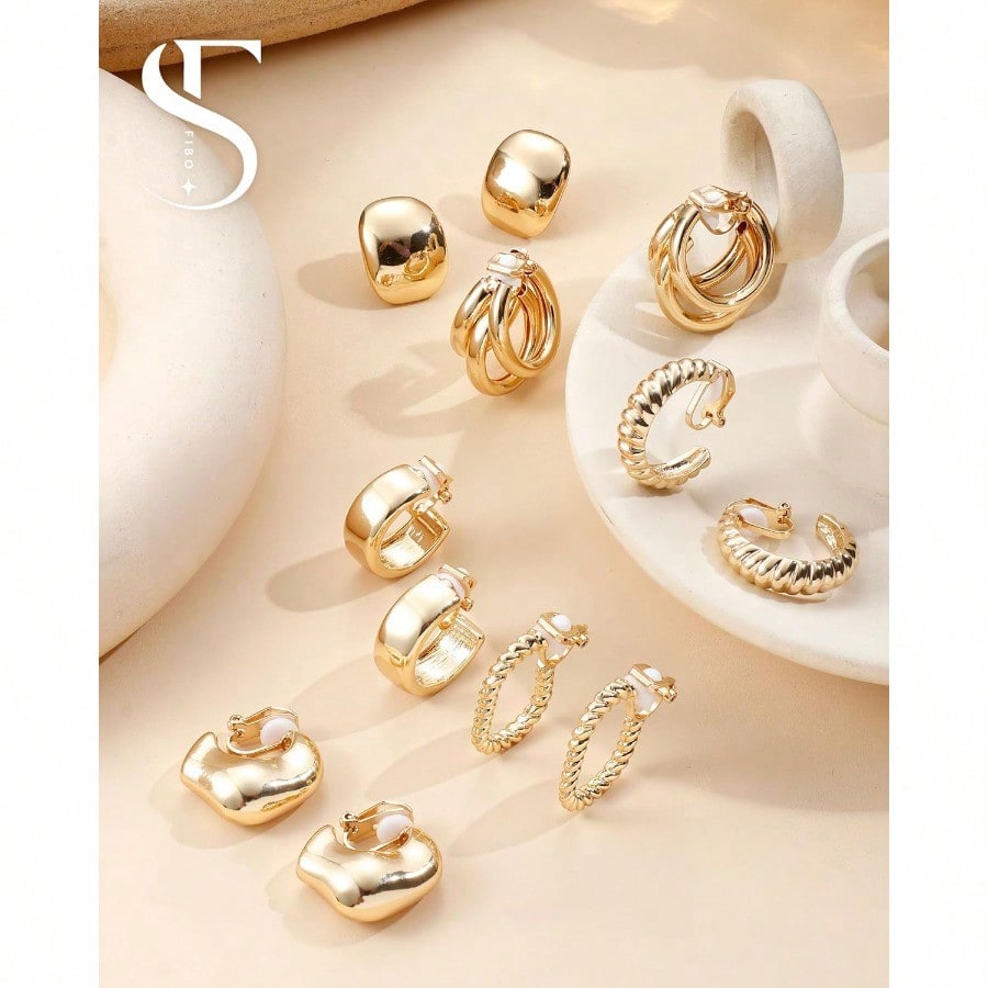 Fashion EarringFIBO STEEL 10 Pairs Clip On Earrings For Women Non Pierced Ears CZ Pearl Knot Twist Chunky Hoop And Studs Earring Set Ear Clips Jewelry Gold Silver Tone