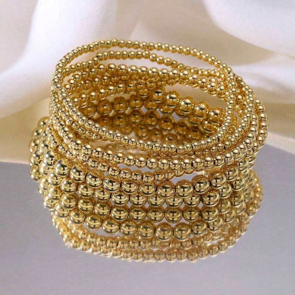 7pcs Gold Bracelets For Women Gold Bracelet Stack Pearl Beaded Bracelets For Women 14K  Stretch Bead Ball Bracelet Sets Jewelry For Mother's Day Birthday Gifts