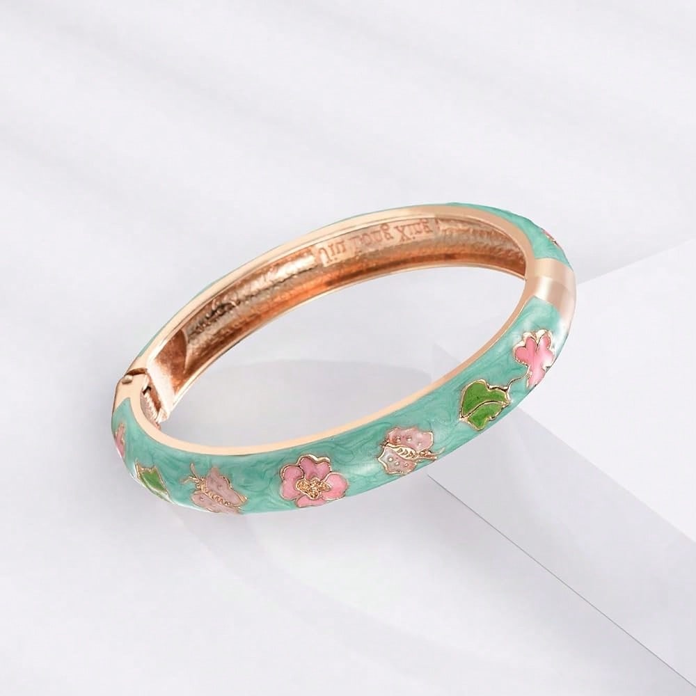 UJOY Cloisonne Bracelet Butterfly Gold Hinge  Cuff Bangle Enameled Jewelry Flower Bracelets For Women Gift Box 55A114-7504
