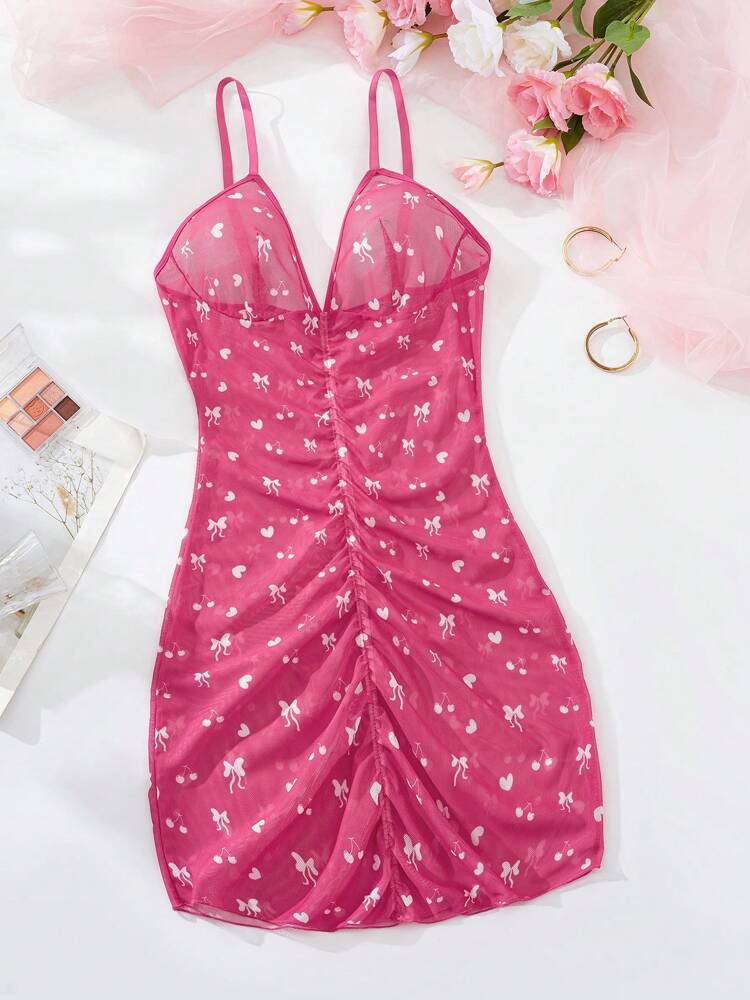Women's V-Neck Bowknot Cherry Love Digital Printing,Pink Pajamas,Cute Sleep Dress,Tight Fitting Camisole Skirt,Spaghetti Strap,Sheer And Backless,Sun Dresses For Women,Summer Nightgown,Sexy Lingerie,Sexy Lingerie Dress