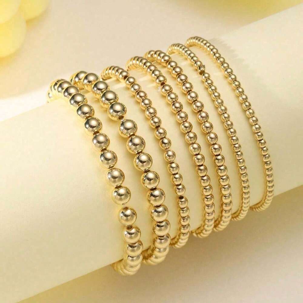 7pcs Gold Bracelets For Women Gold Bracelet Stack Pearl Beaded Bracelets For Women 14K  Stretch Bead Ball Bracelet Sets Jewelry For Mother's Day Birthday Gifts