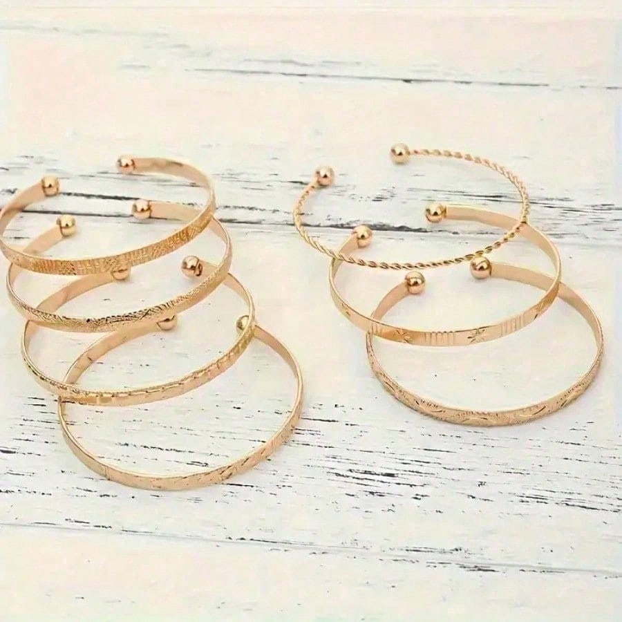 7pcs Gold & Silver Mix Bracelet Set - Women's Fashion Disco Style Stackable Bracelets,  Chunky Metallic Jewelry, Perfect For Parties, Dates & Daily Layering