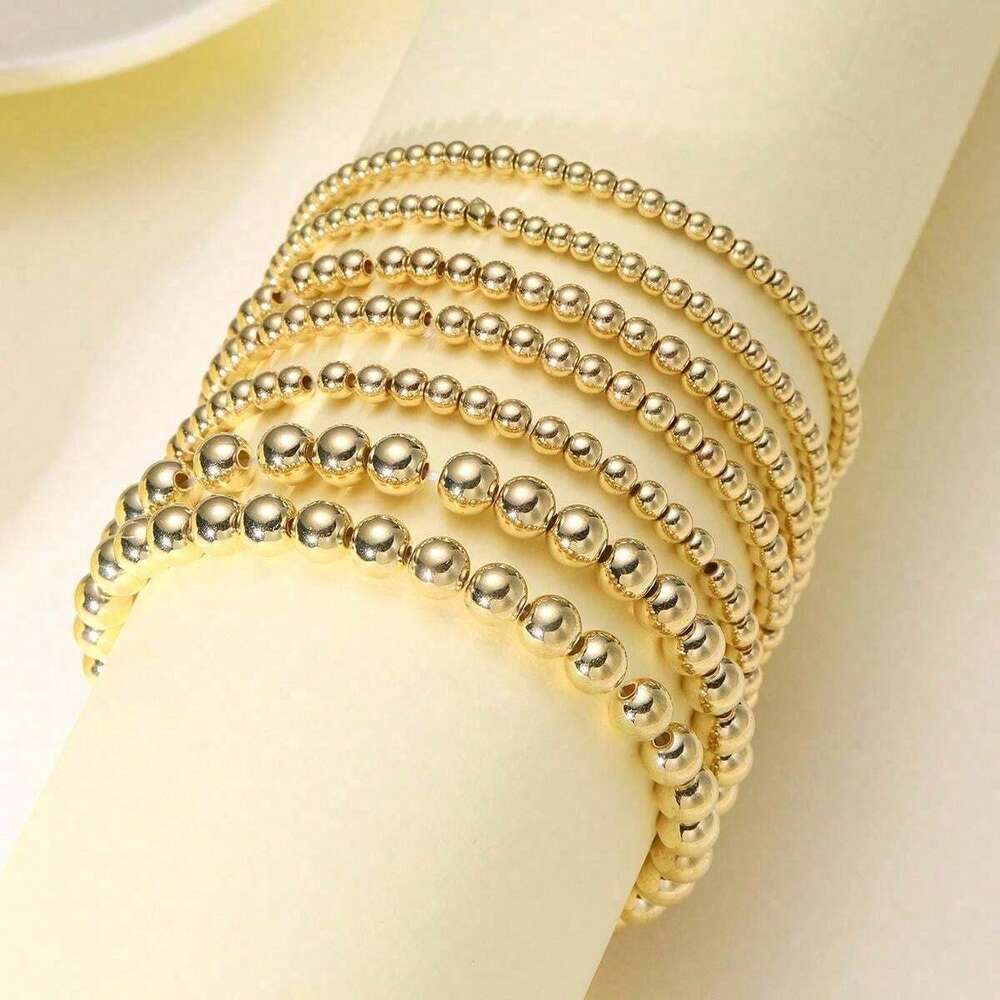 7pcs Gold Bracelets For Women Gold Bracelet Stack Pearl Beaded Bracelets For Women 14K  Stretch Bead Ball Bracelet Sets Jewelry For Mother's Day Birthday Gifts