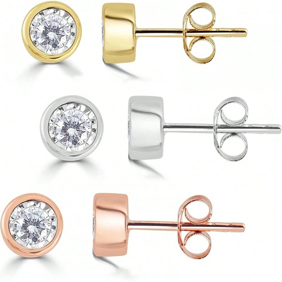 EWAJFBVWomen Round Stud Earrings Set In 925 Sterling Silver| Or Lab Grown| 14K Gold Bezel| White Yellow Or Rose| Lab Certified| Hypoallergenic