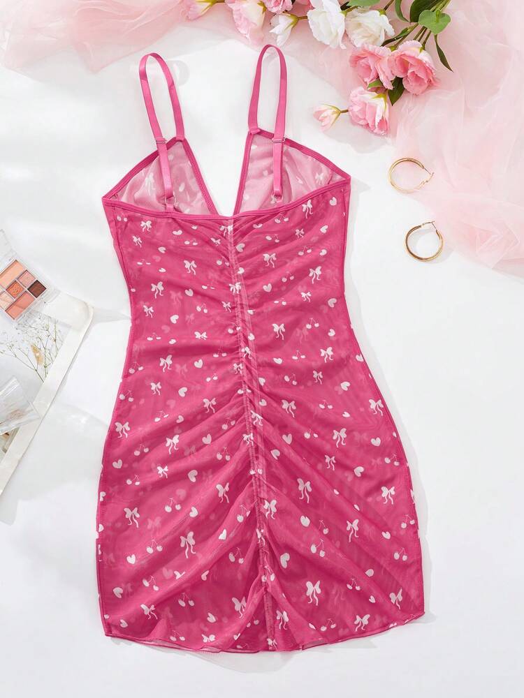 Women's V-Neck Bowknot Cherry Love Digital Printing,Pink Pajamas,Cute Sleep Dress,Tight Fitting Camisole Skirt,Spaghetti Strap,Sheer And Backless,Sun Dresses For Women,Summer Nightgown,Sexy Lingerie,Sexy Lingerie Dress