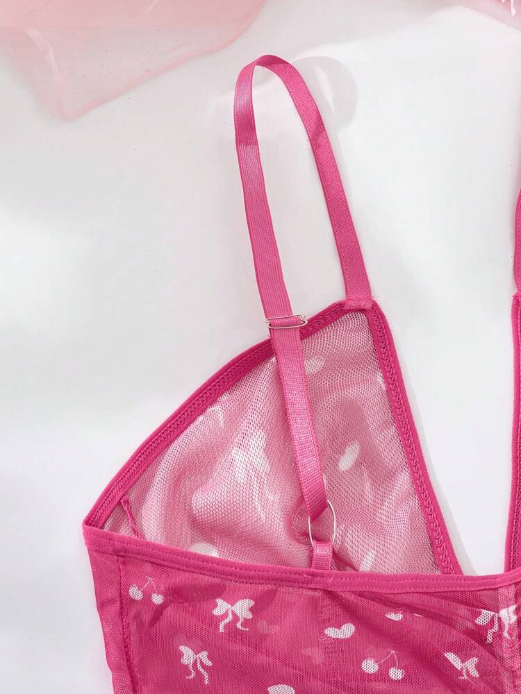 Women's V-Neck Bowknot Cherry Love Digital Printing,Pink Pajamas,Cute Sleep Dress,Tight Fitting Camisole Skirt,Spaghetti Strap,Sheer And Backless,Sun Dresses For Women,Summer Nightgown,Sexy Lingerie,Sexy Lingerie Dress