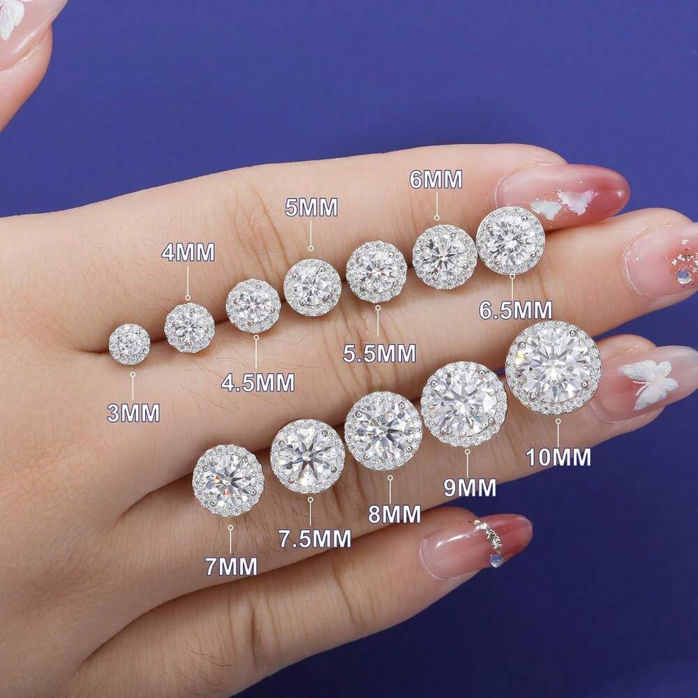 EWAJFBVMoissanite Halo Earrings Stud Screw Back 0.2-8.0ct 3-10mm 18K White Gold Plated 925 Sterling Silver Lab Round Cut Brilliant Moissanite Halo Earrings Women Men